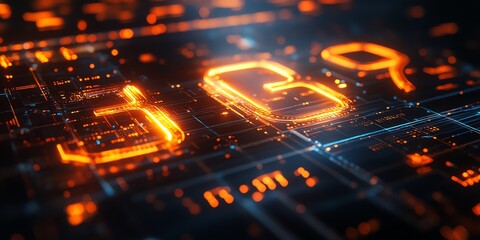 Poster - Abstract digital glowing 3d neon  circuit board with the numbers 39.