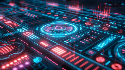 Poster - Neon-lit interface of advanced analytics, symbolizing high-tech data processing