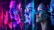 © Oulaphone - A futuristic scene with diverse individuals in glasses, illuminated by vibrant neon lights, reflecting themes of technology and connection.