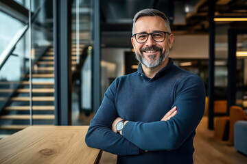 Wall Mural - Confident middle-aged man with gray hair and beard, wearing a blue sweater and glasses, standing with folded arms in a modern office with glass walls and stairs.