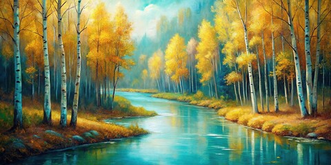 High angle oil painting of river and birch trees in forest in gold and turquoise charming scene