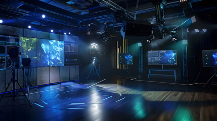 Poster - Silver Augmented Reality Studio: Displaying a studio where augmented reality content is created and produced, with silver screens and holographic displays