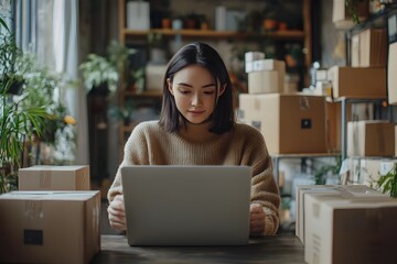 Small Business Owner Packing Online Orders in Sleek Modern Workspace for E commerce Fulfillment