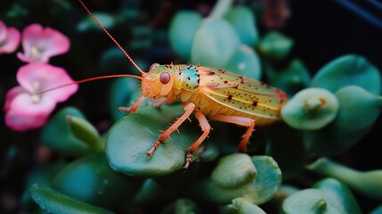 Poster - Vibrant Green Grasshopper on Lush Leaves