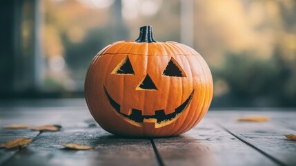 Sticker - Close up of a cheerful jack o lantern on a light backdrop