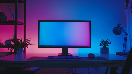 Poster - The Electric Indigo Infinity of Data. A computer monitor emanating a cool indigo glow, casting a mesmerizing hue on an industrial metal desk