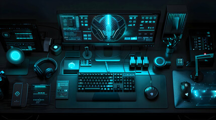 Poster - The Emerald City of AI: A sleek black desktop, adorned with modern gadgets and a holographic display. (Turquoise)