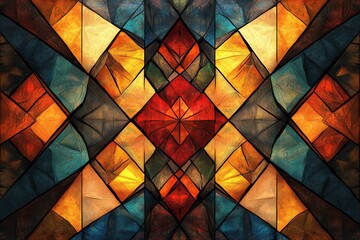 Poster - Abstract geometric pattern with red, orange, yellow, blue and brown colors.