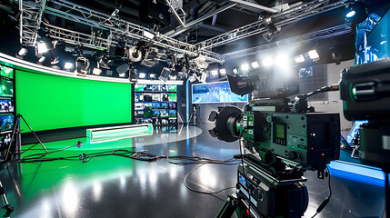 Poster - TV Studio Floor: Showing camera equipment, lighting rigs, green screens, and TV hosts presenting shows
