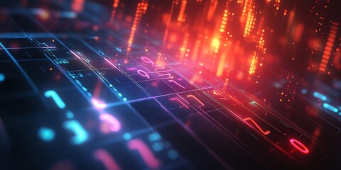 Poster - Abstract glowing digital grid with binary code and light streaks.