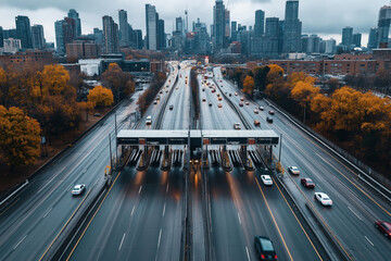 Canvas Print - Aerial view of a busy highway with toll booths in an urban area, surrounded by city skyscrapers and autumnal trees with orange and yellow foliage.