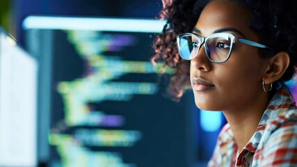 Aspiring young black female developer analyzing code on computer screens in modern office environment