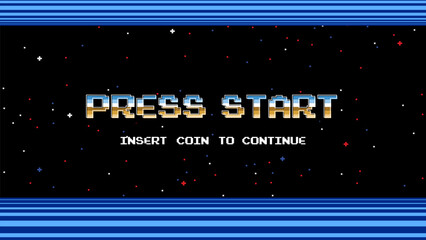Aufkleber - PRESS START INSERT A COIN TO CONTINUE .pixel art .8 bit game.retro game. for game assets in vector illustrations.Retro Futurism Sci-Fi Background. glowing neon grid.and stars from vintage arcade comp	