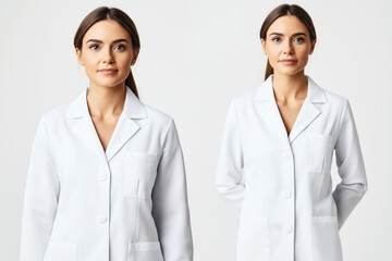 Sticker - Two women wearing white lab coats standing side by side against a plain background. Both have long hair tied back and a neutral facial expression.