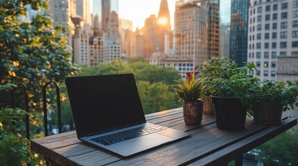Poster - An inspiring remote work scene with a laptop on a terrace, overlooking a bustling cityscape