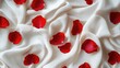© savittree - Romantic scene with red rose petals on soft white fabric, forming a visually pleasing and luxurious pattern.