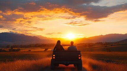 Couple Driving SUV At Sunset With Mountain View