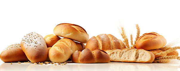 Freshly baked bread assortment with wheat stalks on a rustic table