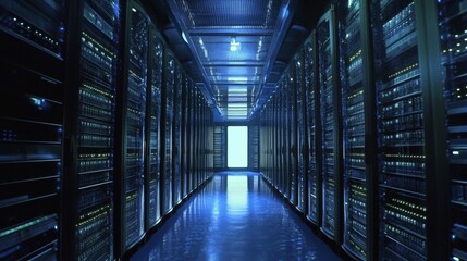 Poster - Rows of servers in a data center, with blue lighting.