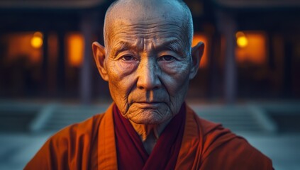 Close-up portrait of Tibetan bald monk in orange robe on blurred background