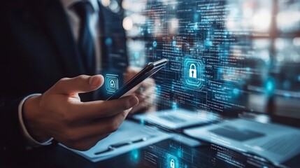 Businessman using a smartphone with digital security icons and code in the background.
