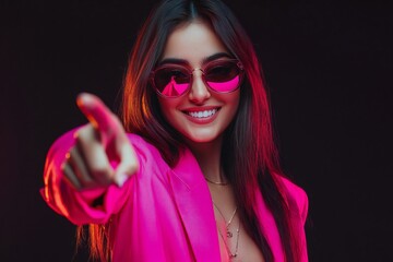 Portrait of happy confident young woman in stylish party outfit. Positive beautiful mexican American lady wearing fashionable pink suit and cool sunglasses looking at camera, smiling and pointing at y