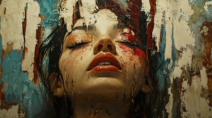 Wall Mural - Close-Up Portrait of a Woman with Blood and Paint