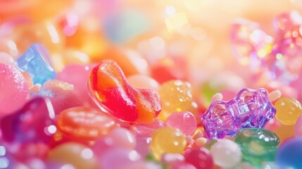 Wall Mural - Vibrant candy and jelly treats in various shapes and compositions on a blurred background