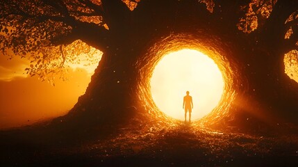 silhouetted human figure embedded within the massive trunk of a towering tree creating a natural arc