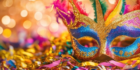 A vibrant carnival mask adorned with glitter, surrounded by colorful confetti and festive streamers, capturing the joy of celebration.