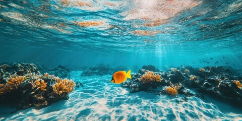 A vibrant underwater scene featuring a colorful fish swimming among coral reefs, illuminated by sunlight filtering through water.