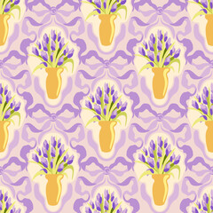 vector seamless floral vintage pattern with lilac decorative bows and flowers in vases on light back