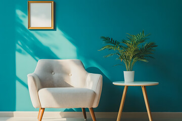 Wall Mural - Armchair, houseplant on coffee table and frame near blue wall in room