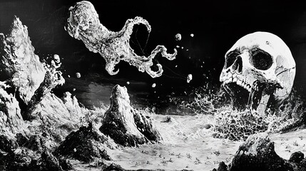 Wall Mural - Surreal Black and White Ink Drawing of a Skull and Octopus in a Dark and Stormy Sea