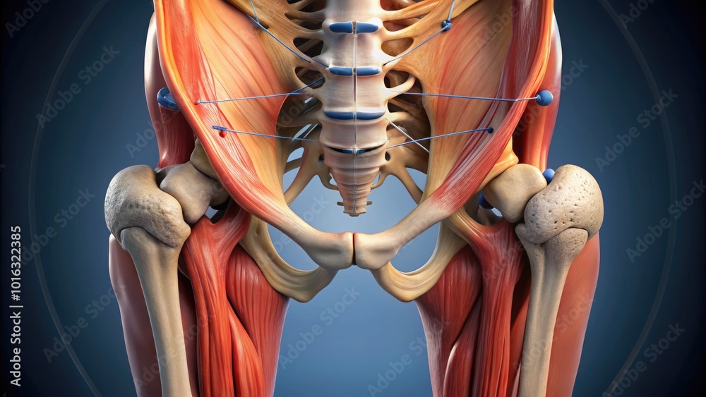 Human Hips Reference Illustrated 3D model of the human hip joint, showcasing detailed labels ...