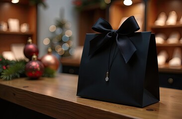 Elegant black gift bag on a wooden table in a festive jewelry store during the holiday season