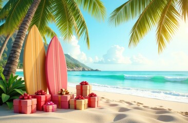 Colorful surfboards and festive gifts under palm trees on a sunny beach shore