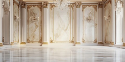 Elegant interior of a spacious room featuring white marble floors and golden accents, perfect for luxury design concepts.