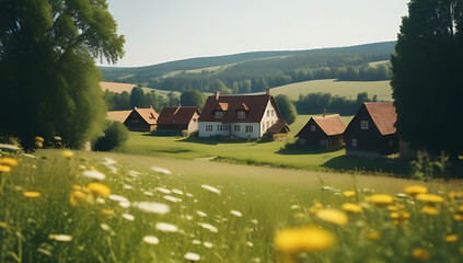 meadow landscape vintage houses sunny day picturesque view countryside summer