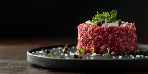 Freshly prepared raw beef tartare garnished with herbs and spices on a dark plate, perfect for gourmet food photography.