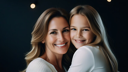 mother daughter hugging smiling camera joyful family portrait dark background showing love close rel