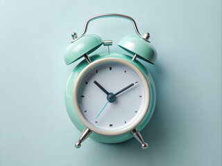 vintage alarm clock in soothing mint green color stands against soft blue background, evoking sense of calm and nostalgia. Its classic design features round face with clear markings and two bells on