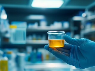 A laboratory technician holds a small cup containing yellow liquid, displaying diligent work in a scientific environment.