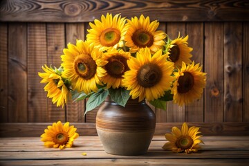 Sunflower bouquet in brown vase on rustic wooden background