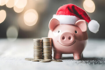 piggy bank pig in santa hat and stack coins, christmas money saving concept