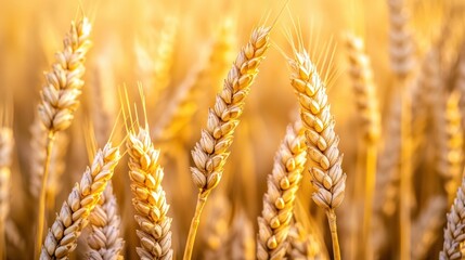 Golden Wheat Field at Sunset: Close-up view of ripe wheat stalks bathed in the warm glow of the setting sun, showcasing the rich textures and colors of the harvest season.