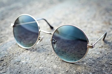 High angle view of stylish silver framed hippie sunglasses on concrete