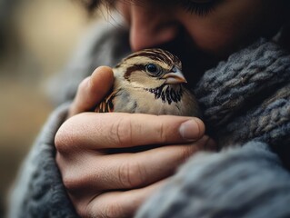 A person warmly cradles a bird, symbolizing affection, protection, and the connection between humans and animals, set against a blurred natural background.