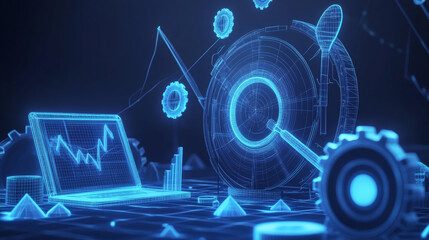 Poster - A futuristic machine for improving website search rankings, shown with a laptop, magnifying glass, an arrow, and gears.low poly wireframe.