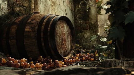 Canvas Print - Rustic Wine Barrel with Grapes